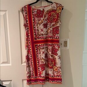 Donna Morgan Elegant Paisley Print shift Dress pink yellow orange geometric prep